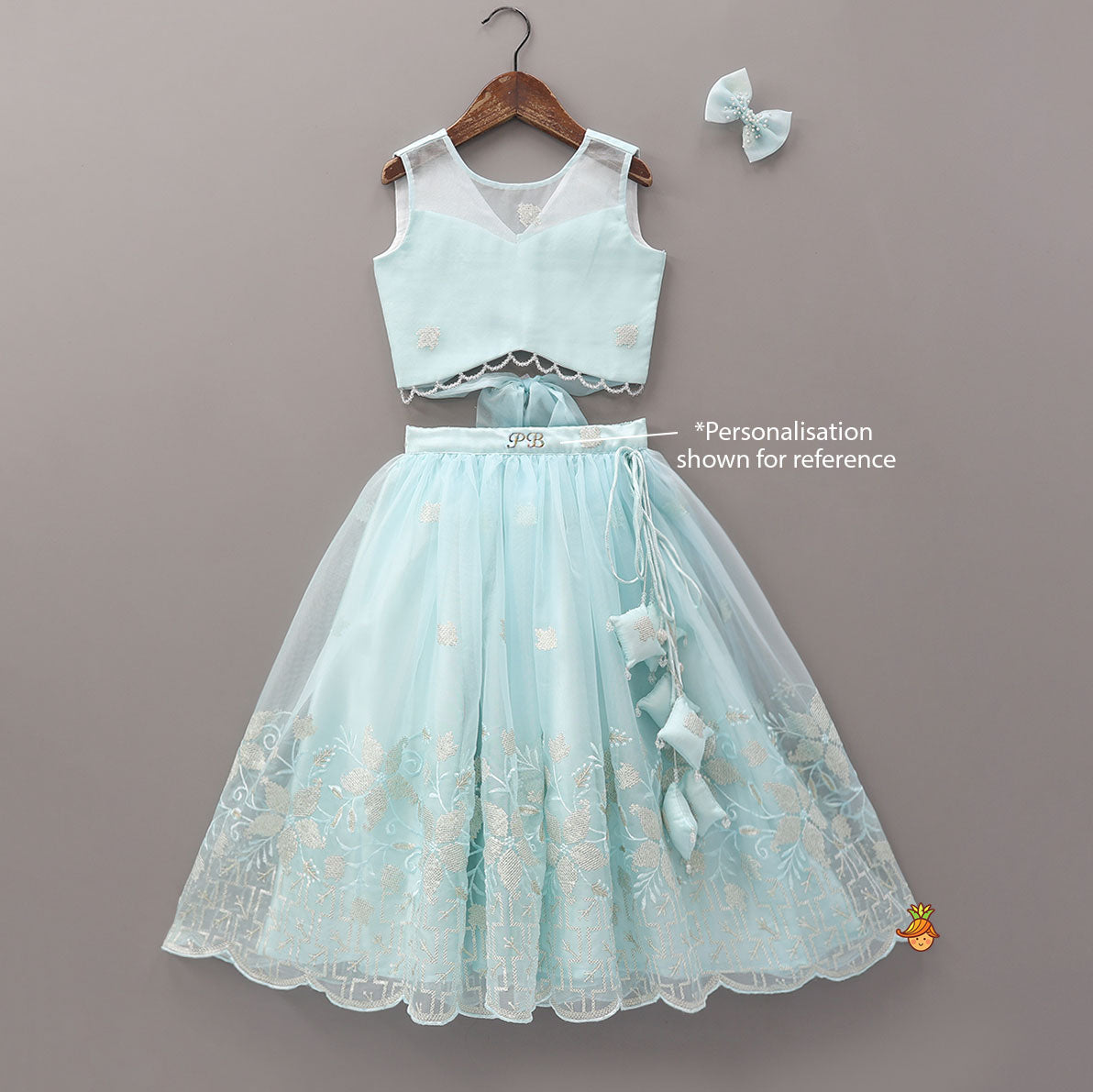 Pre Order: Organza Crop Top And Lehenga With Bow Hair Clip