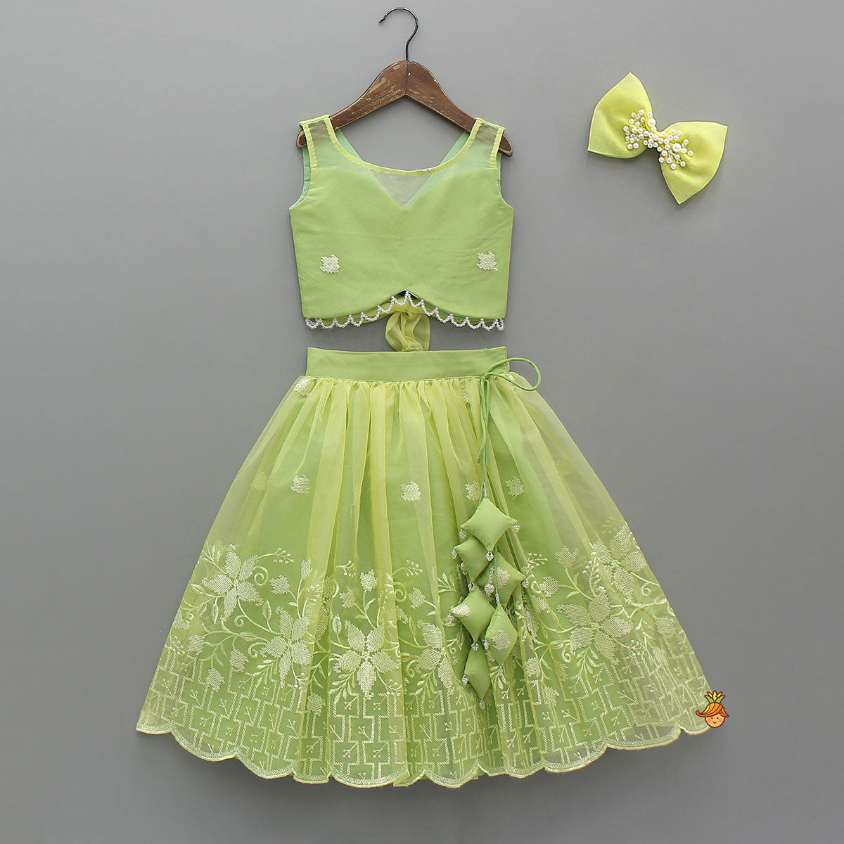 Pre Order: Organza Top And Lehenga With Bow Hair Clip