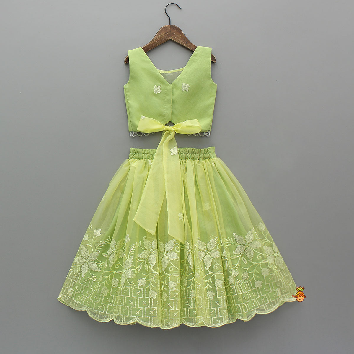 Pre Order: Organza Top And Lehenga With Bow Hair Clip