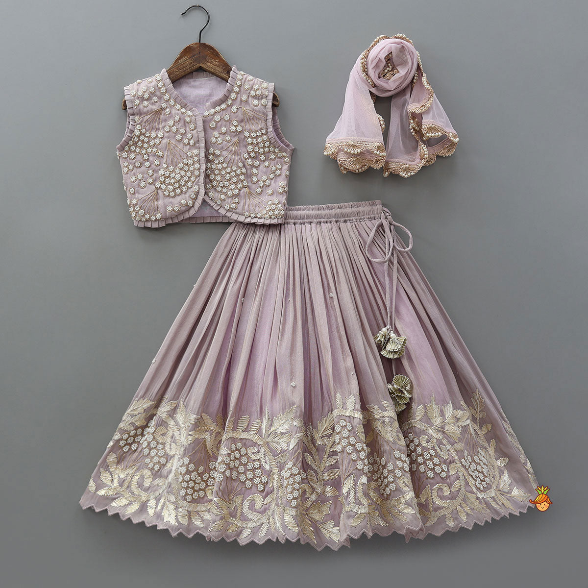 Pre Order: Embroidered Stylish Hem Shimmery Top And Pleated Lehenga With Net Dupatta