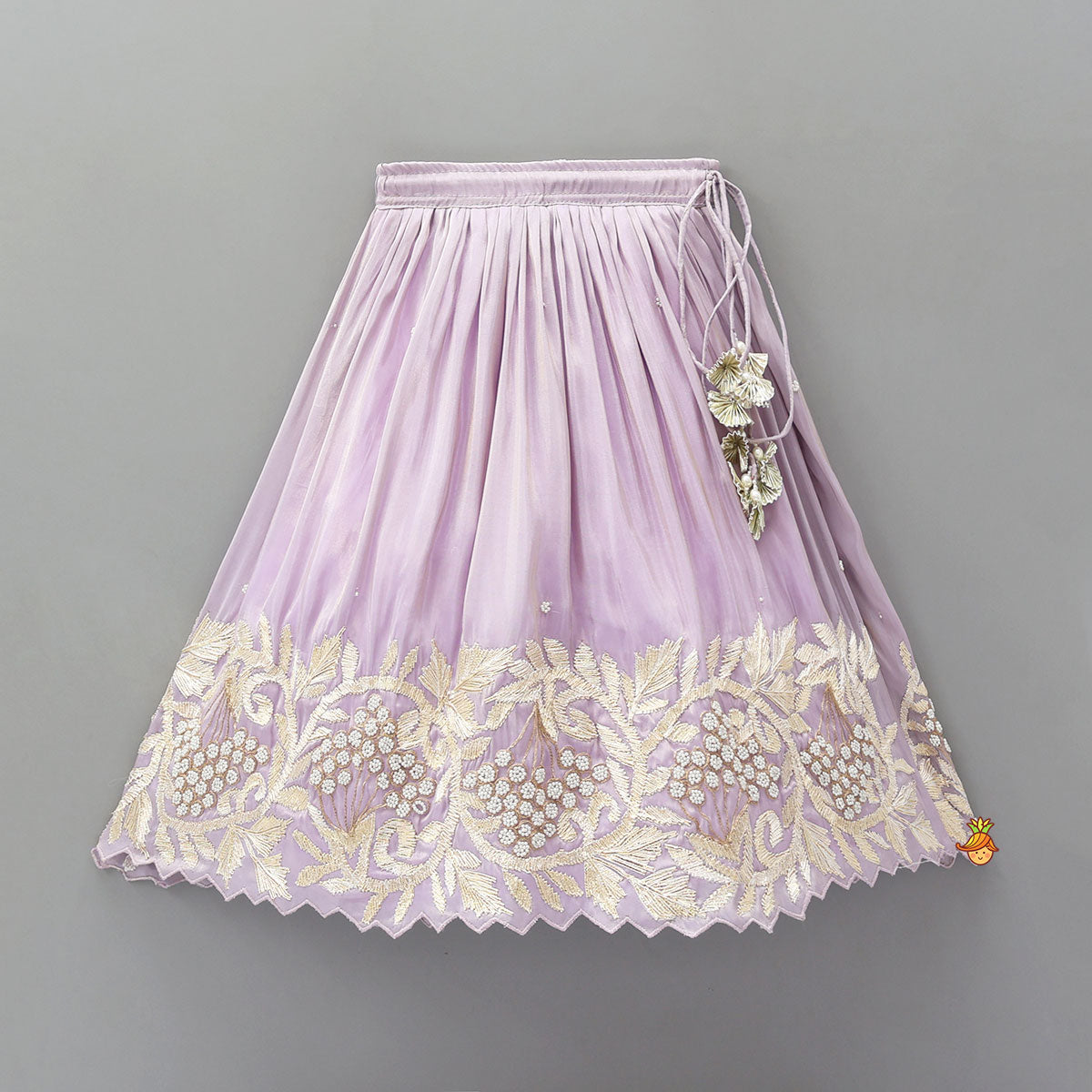 Pre Order: Embroidered Stylish Hem Shimmery Top And Pleated Lehenga With Net Dupatta