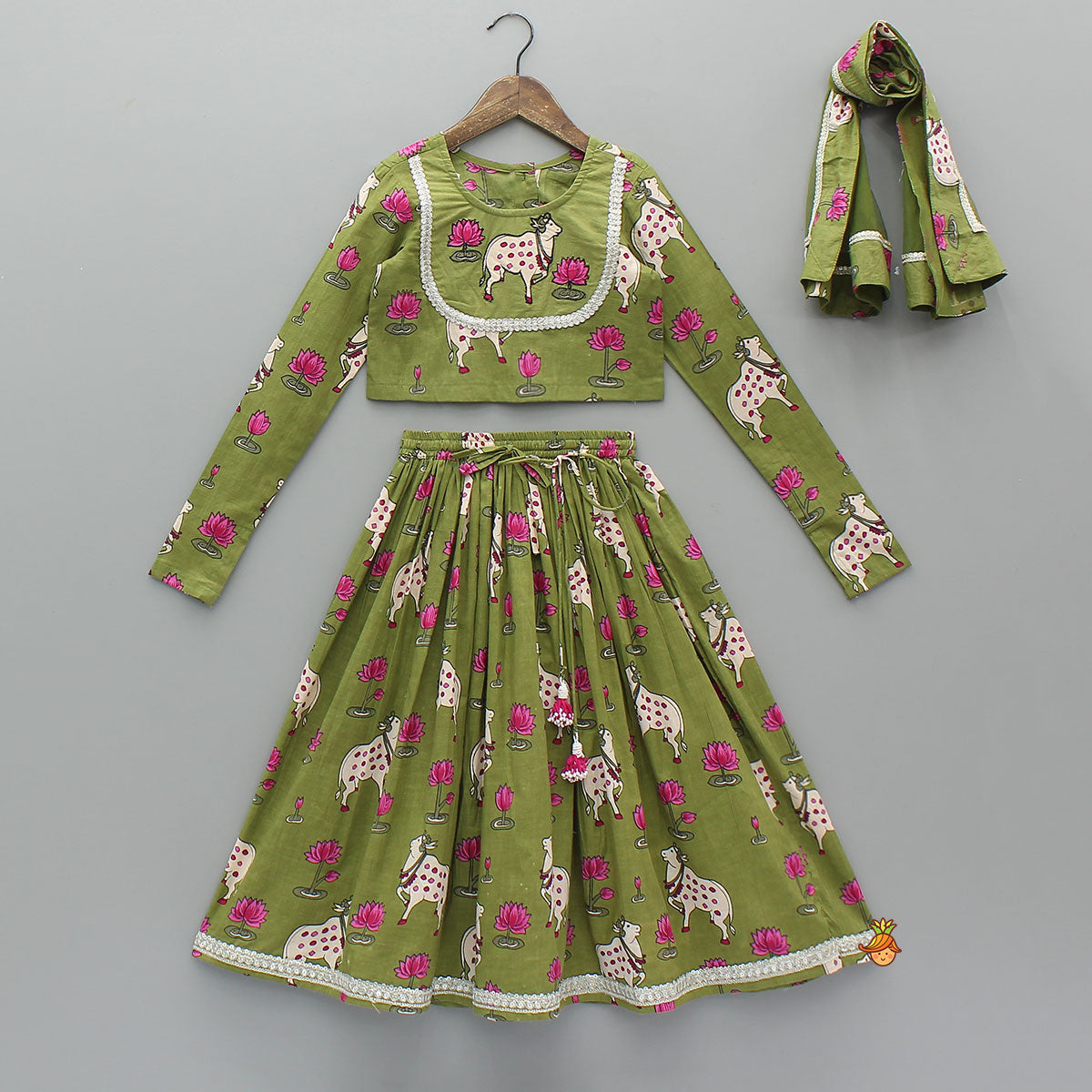 Pre Order: Round Neck Printed Top With Matching Lehenga And Dupatta