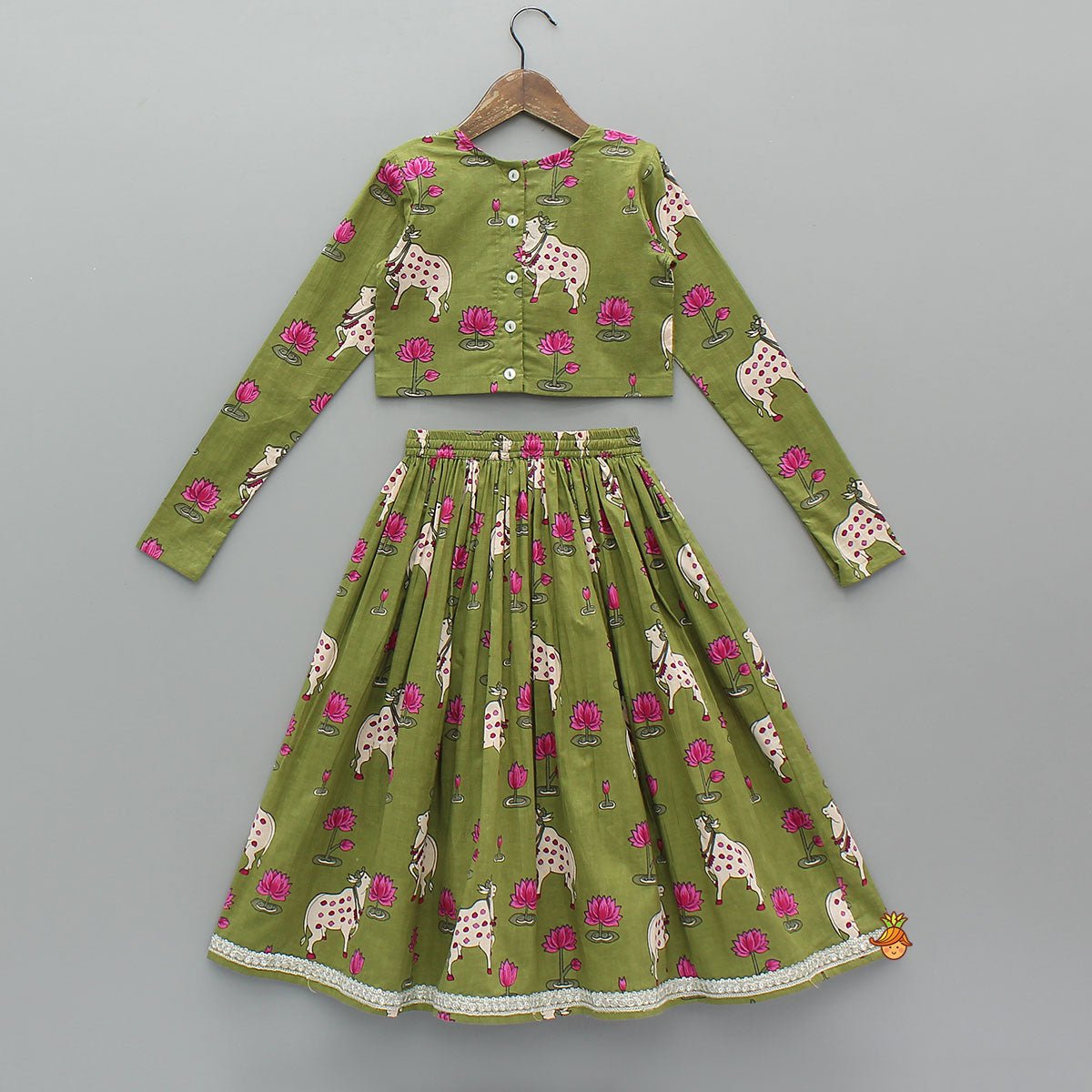 Pre Order: Round Neck Printed Top With Matching Lehenga And Dupatta