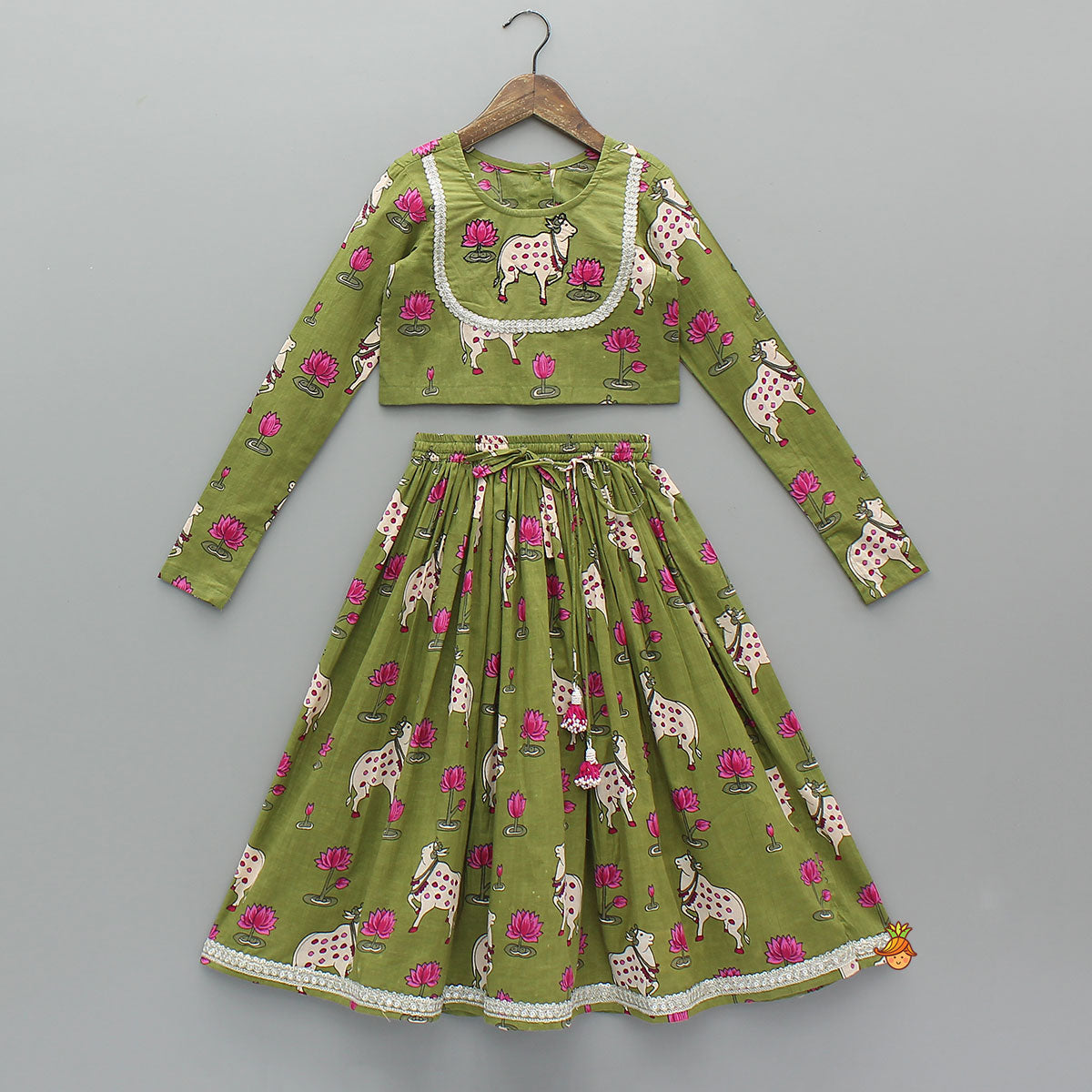 Pre Order: Round Neck Printed Top With Matching Lehenga And Dupatta