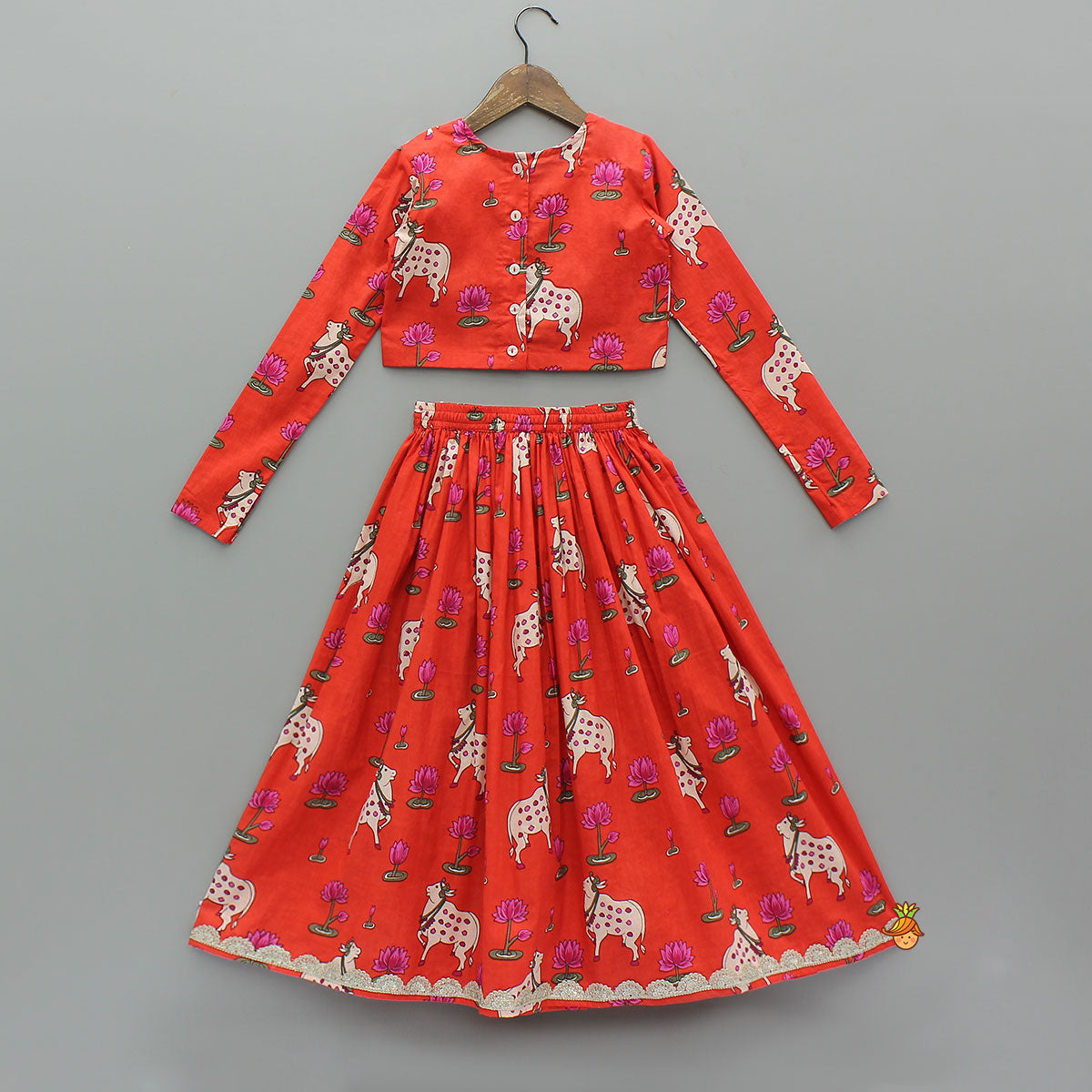 Pre Order: Lotus Printed Ethnic Top With Matching Lehenga And Dupatta