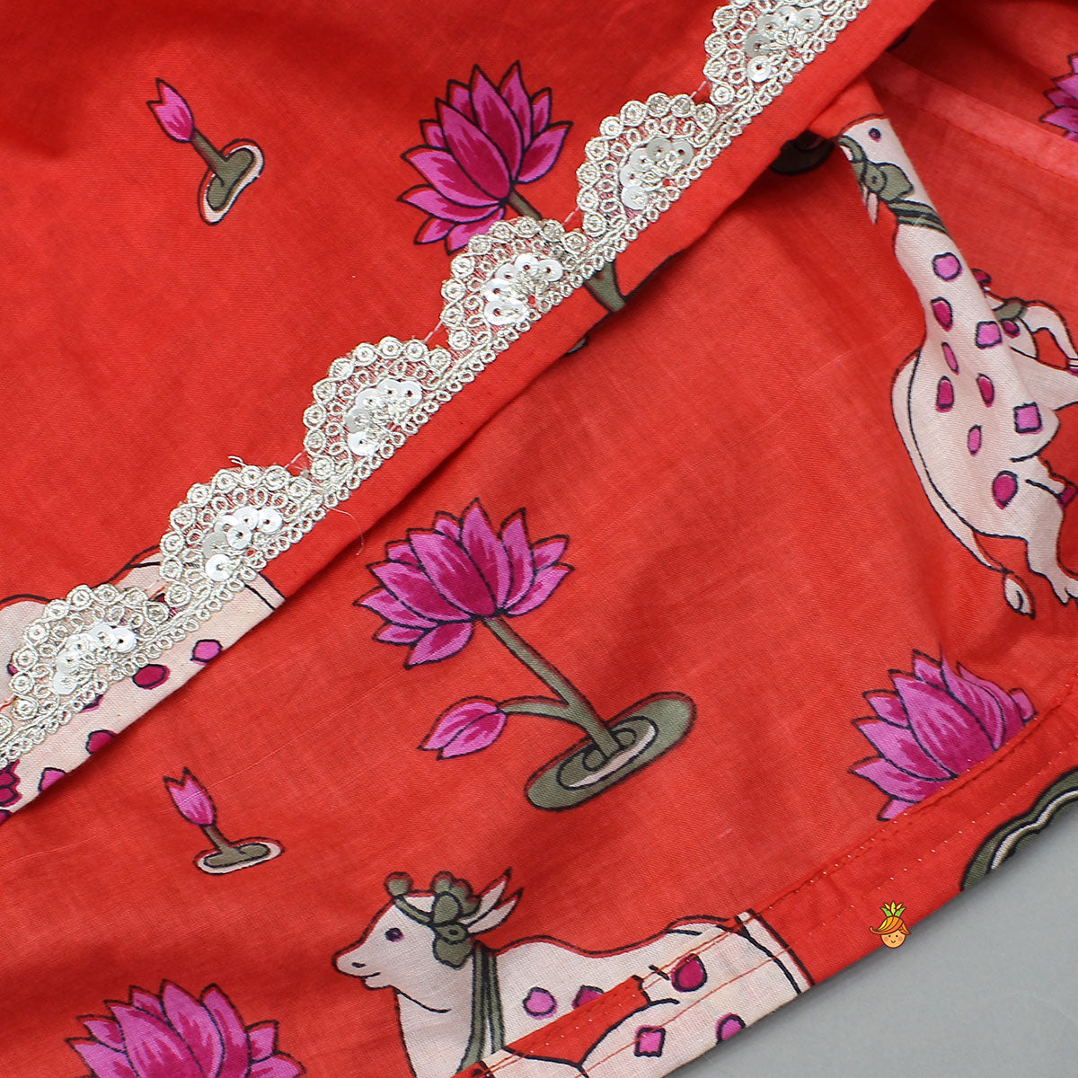 Pre Order: Lotus Printed Ethnic Top With Matching Lehenga And Dupatta