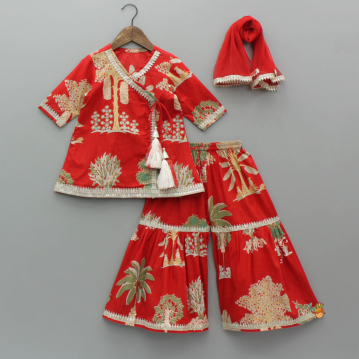 Pre Order: Trees Printed Graceful Kurti And Sharara With Net Dupatta