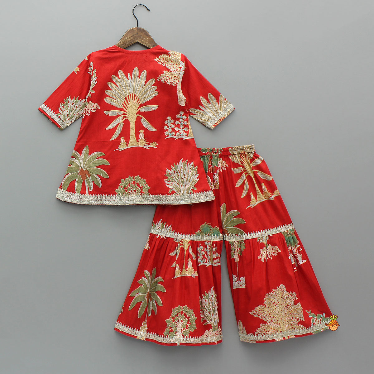 Pre Order: Trees Printed Graceful Kurti And Sharara With Net Dupatta