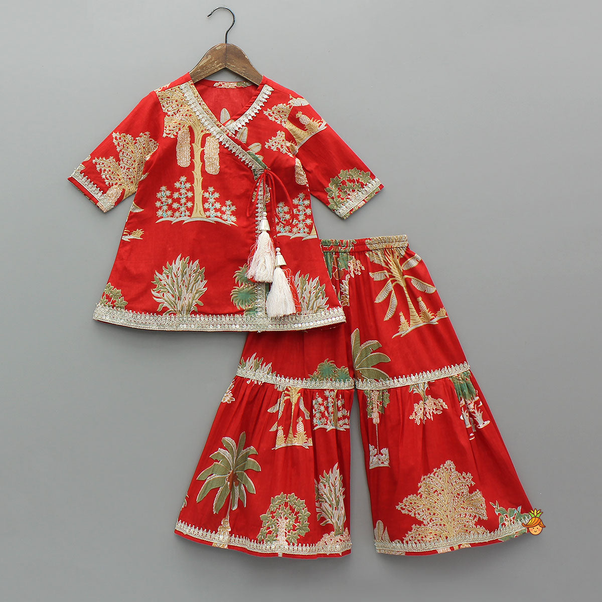 Pre Order: Trees Printed Graceful Kurti And Sharara With Net Dupatta