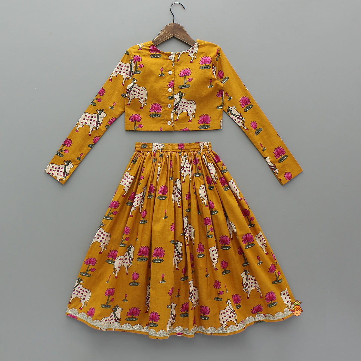 Pre Order: Lotus Printed Top With Matching Lehenga And Dupatta