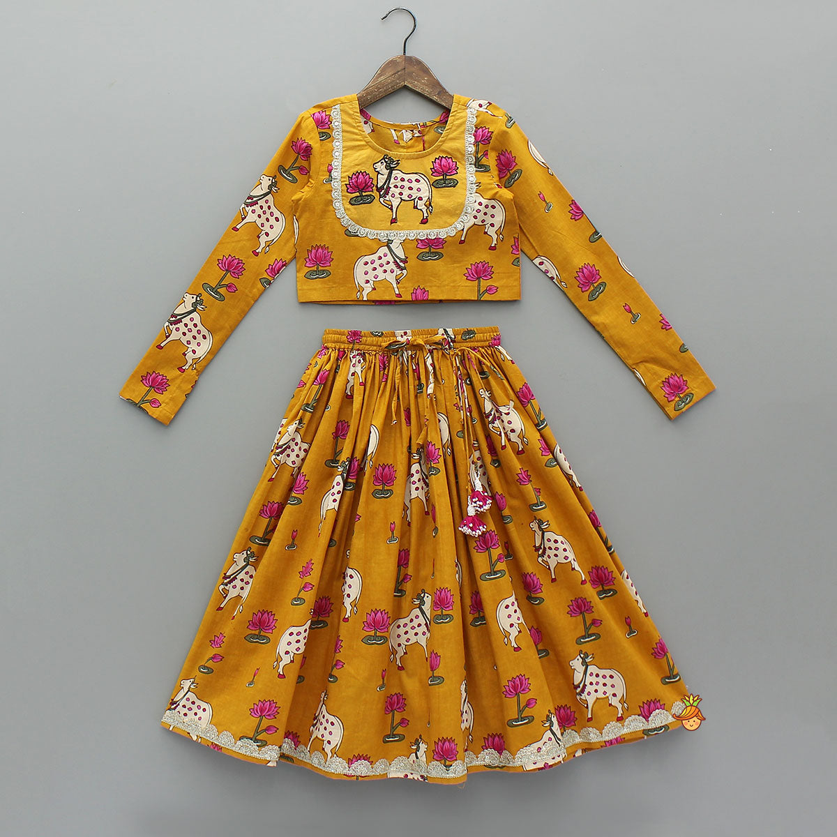 Pre Order: Lotus Printed Top With Matching Lehenga And Dupatta