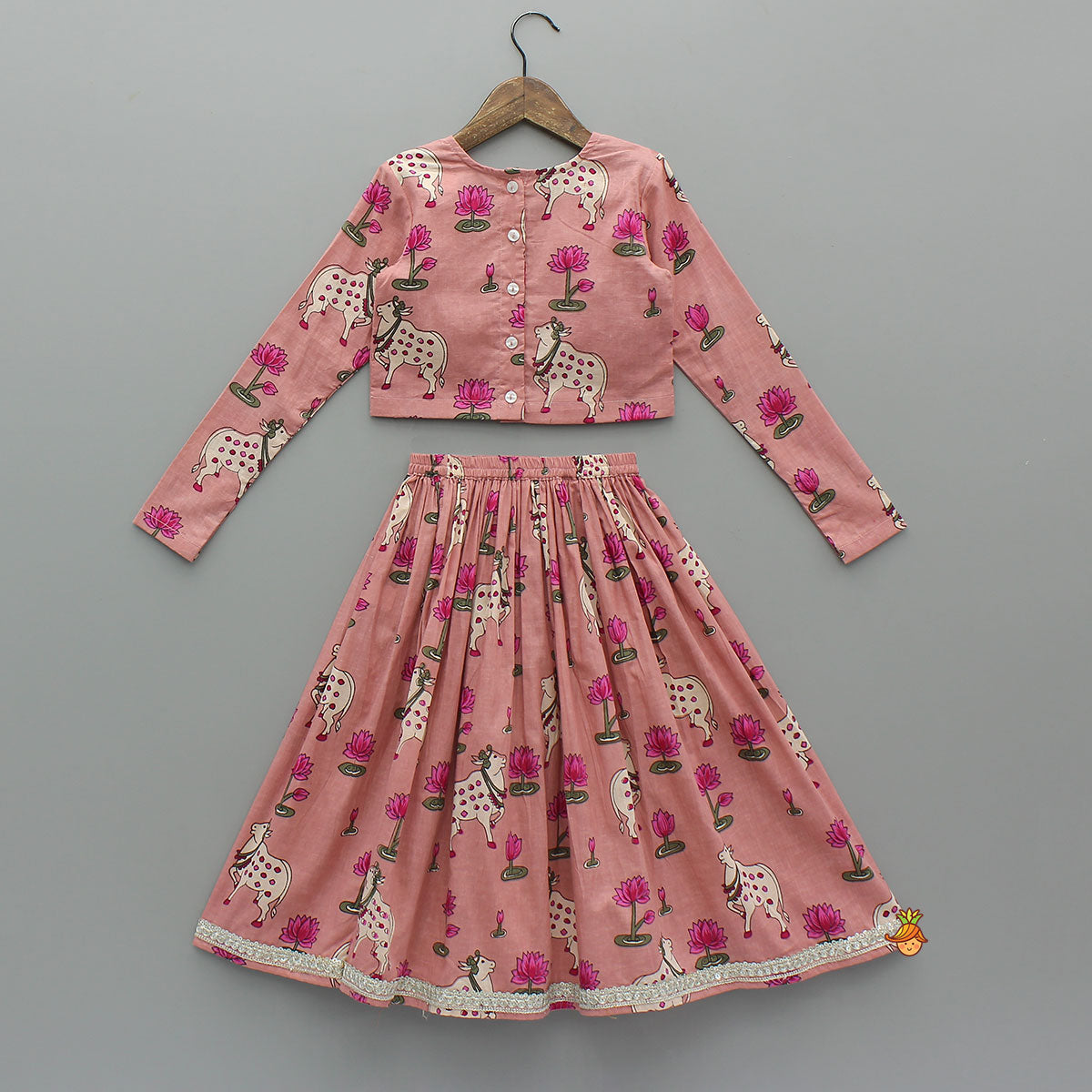 Pre Order: Lotus Printed Elegant Top With Matching Lehenga And Dupatta