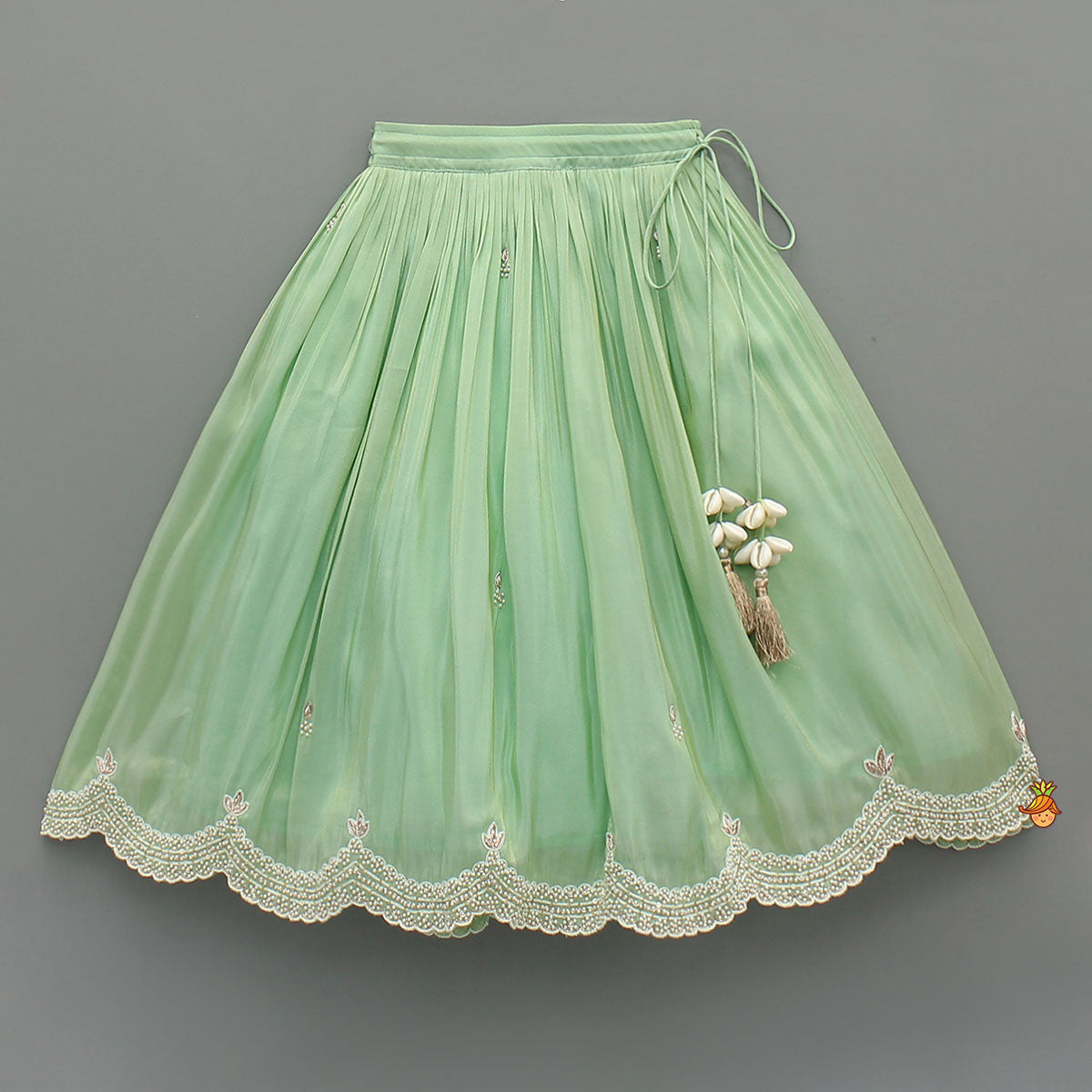 Pre Order: Stylish Hem Embroidered Top And Scalloped Lehenga