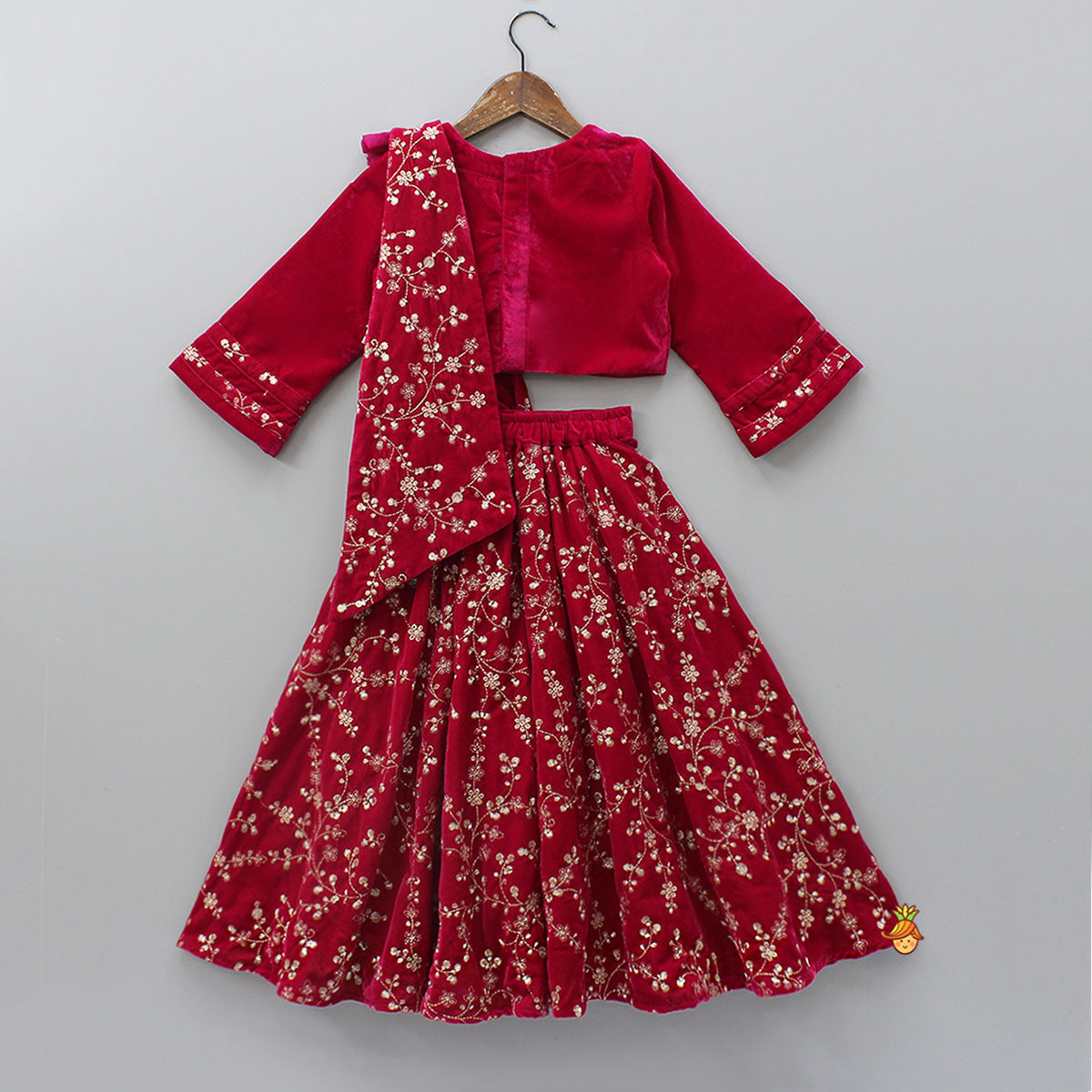 Pre Order: Velvet Top With Zari-Embroidered Lehenga And Attached Dupatta