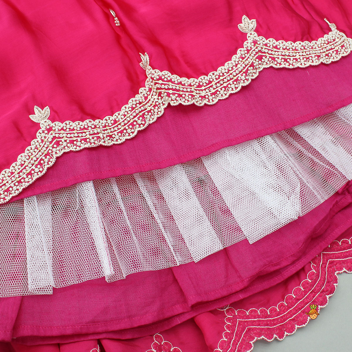 Pre Order: Stylish Hem Embroidered Elegant Top And Scalloped Lehenga