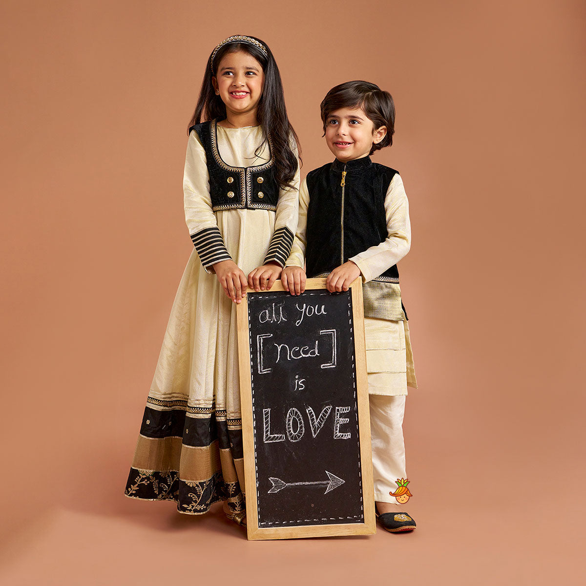 Elegant Shimmery Anarkali With Front-Open Velvet Jacket twinning model image 1