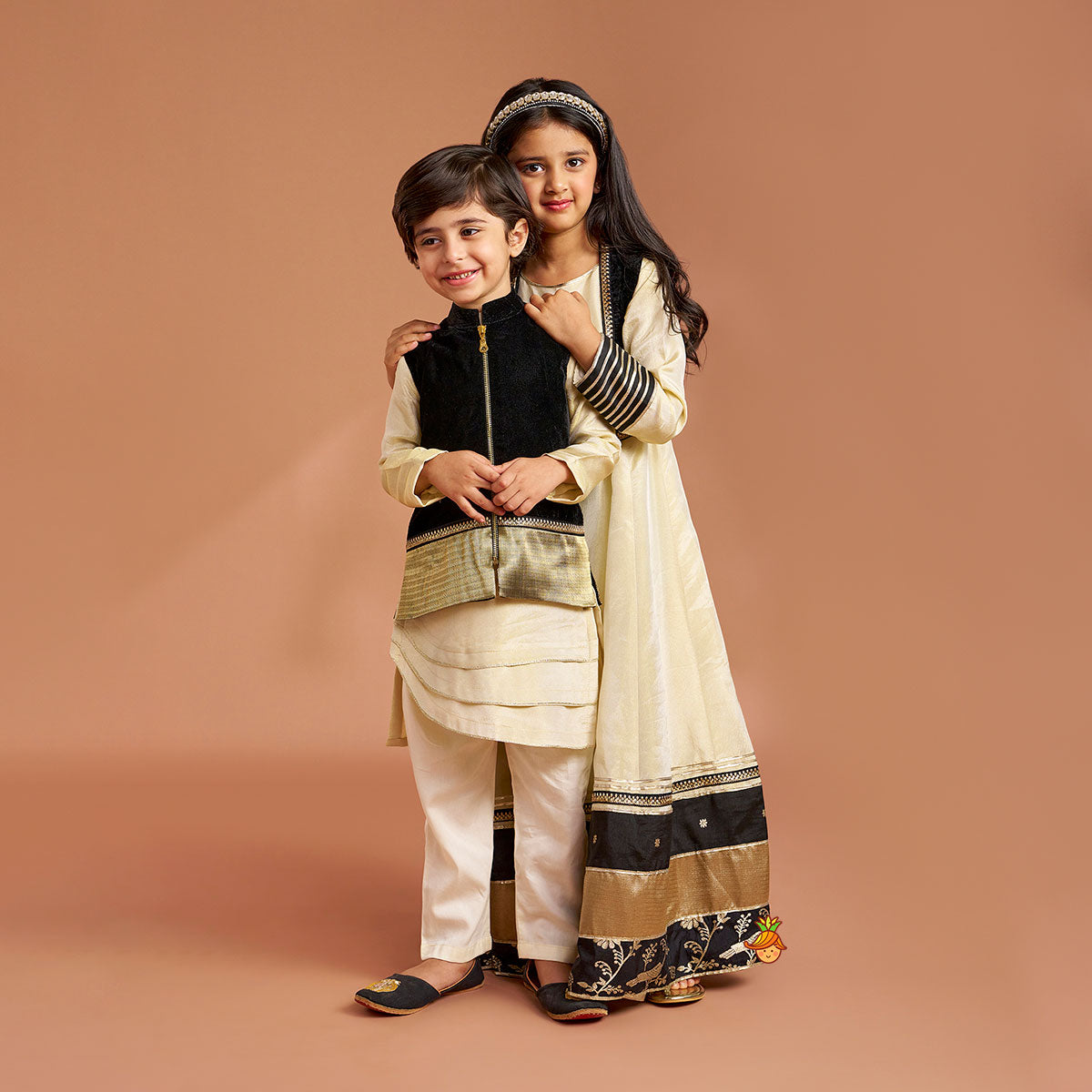 Elegant Shimmery Anarkali With Front-Open Velvet Jacket twinning model image 2