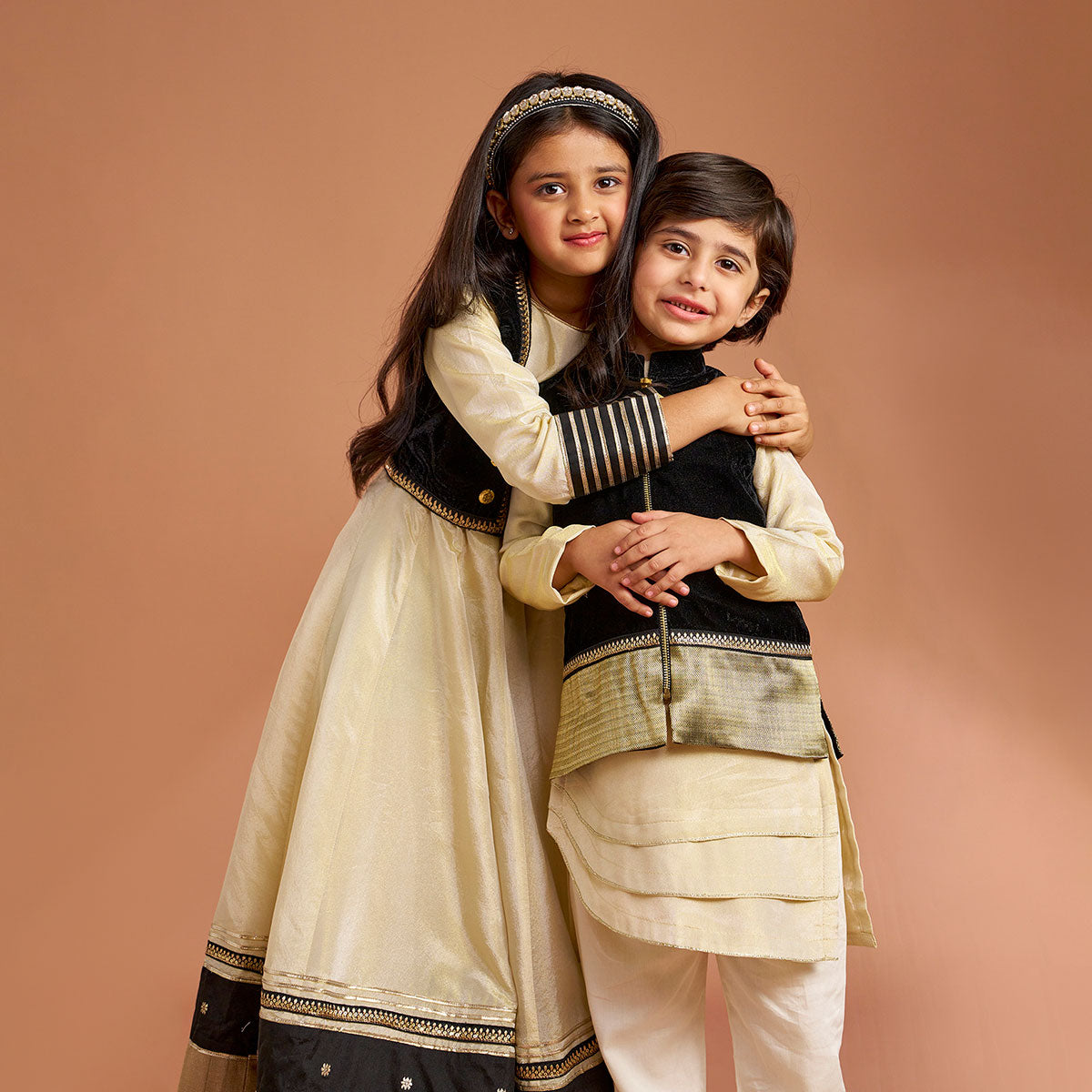 Elegant Shimmery Anarkali With Front-Open Velvet Jacket twinning model image 3