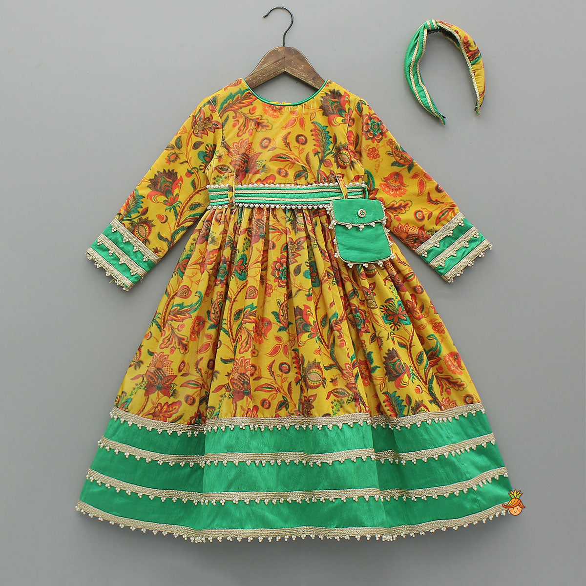 Pre Order: Printed Velvet Anarkali With Embroidered Pouch And Matching Hairband