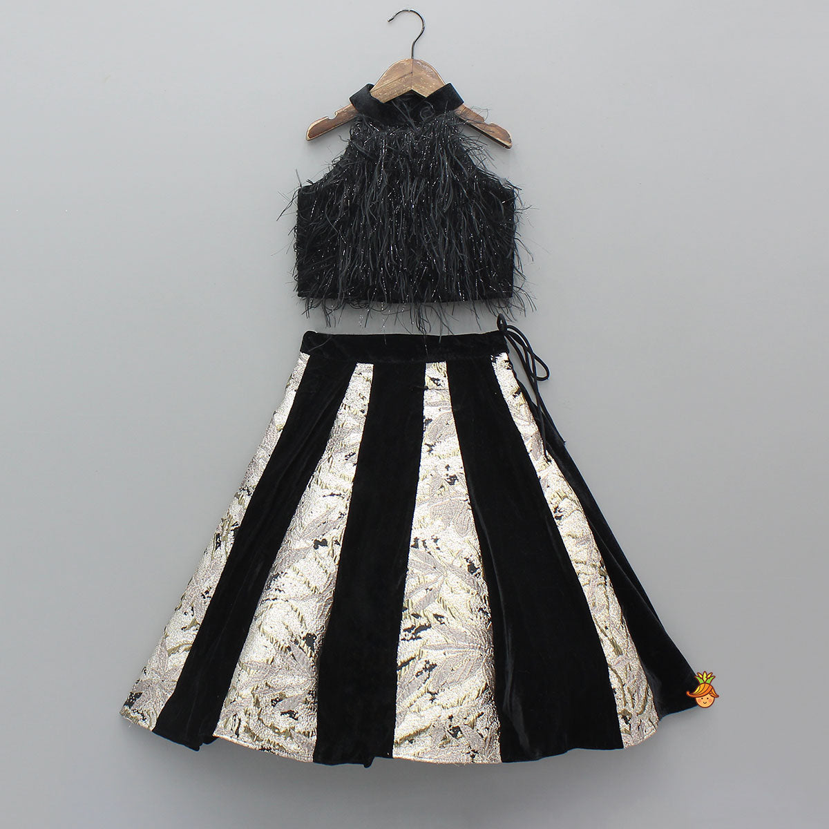 Pre Order: Halter Neck Fur Top And Gorgeous Dual-Tone Panelled Lehenga