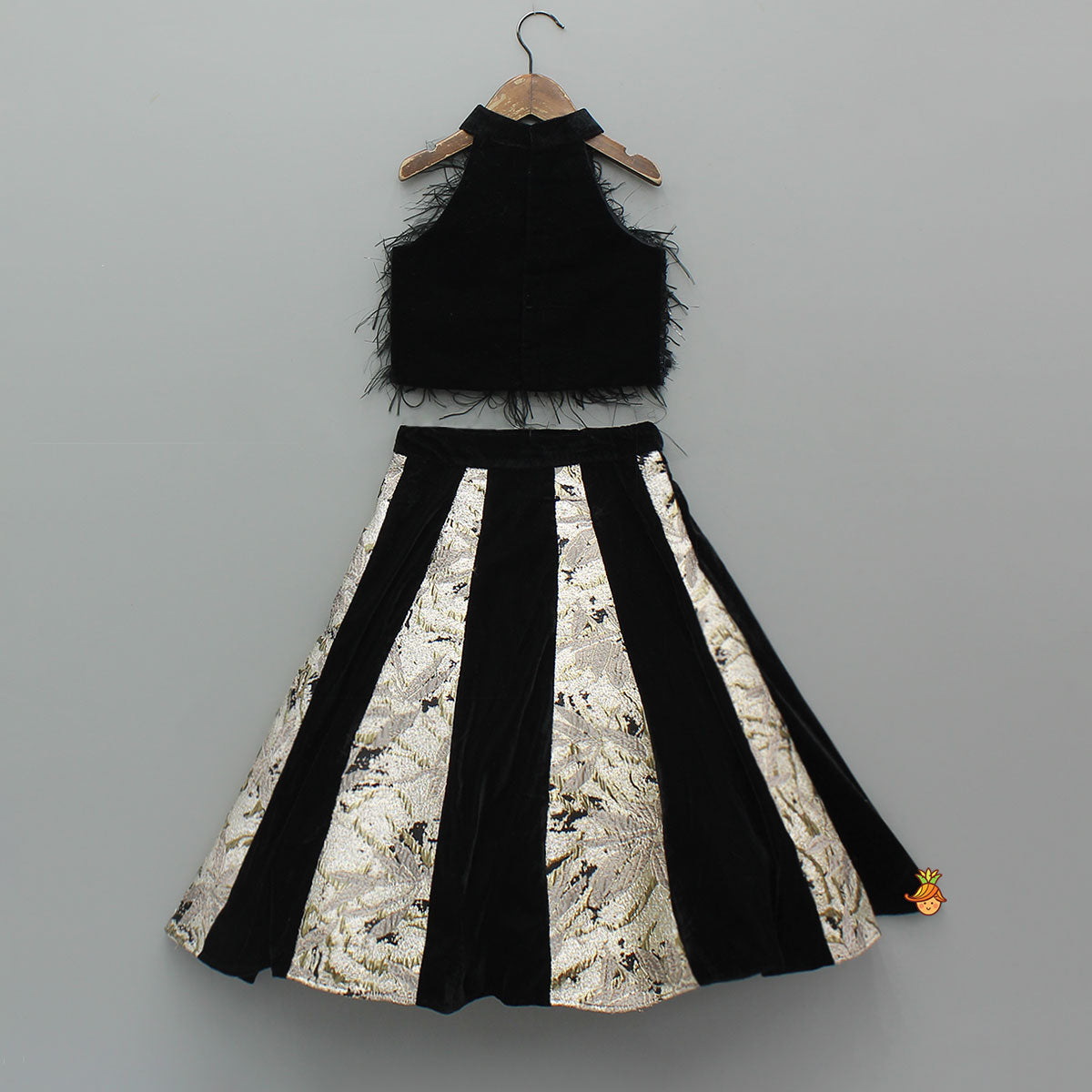 Pre Order: Halter Neck Fur Top And Gorgeous Dual-Tone Panelled Lehenga