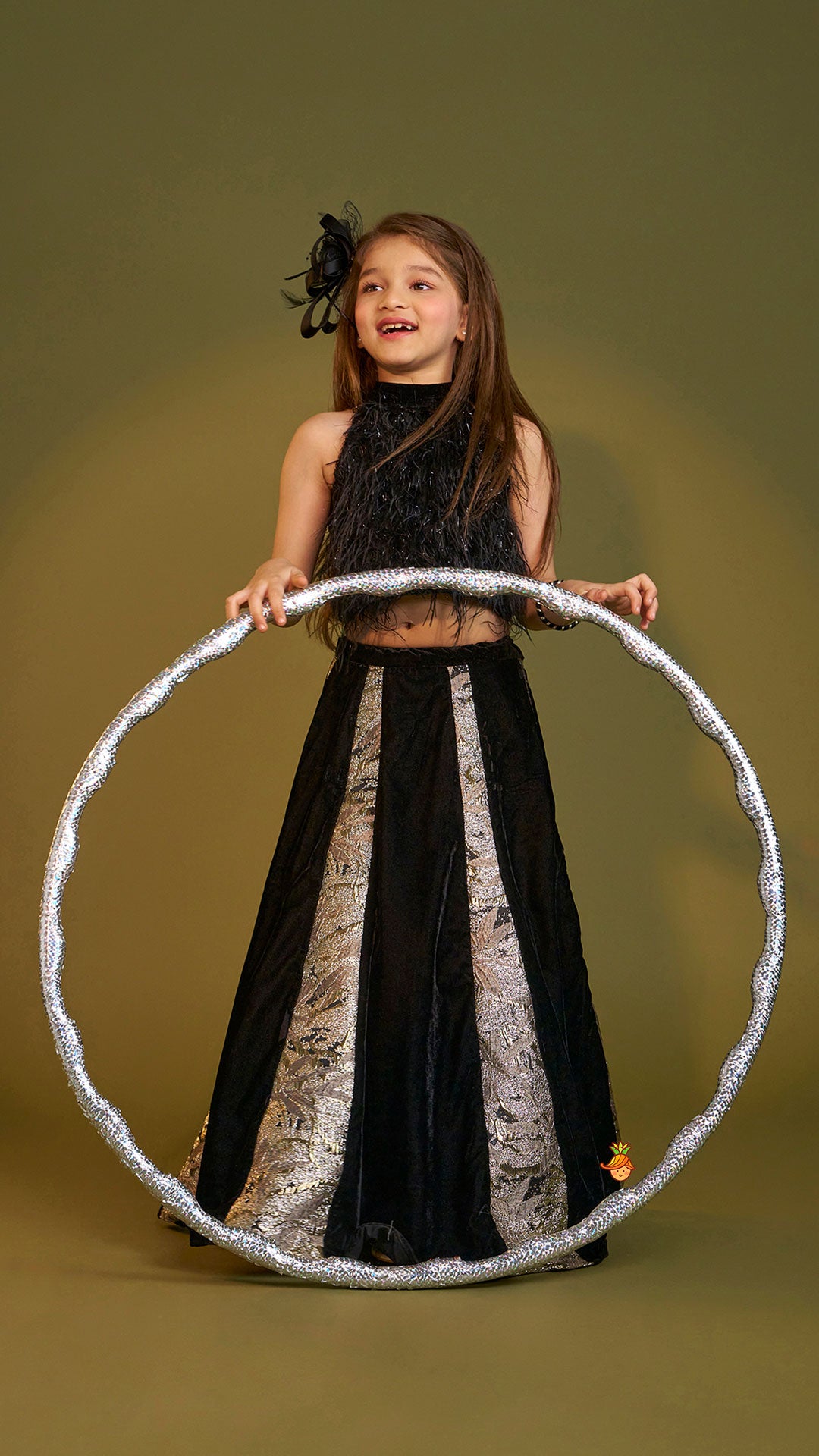 Pre Order: Halter Neck Fur Top And Gorgeous Dual-Tone Panelled Lehenga