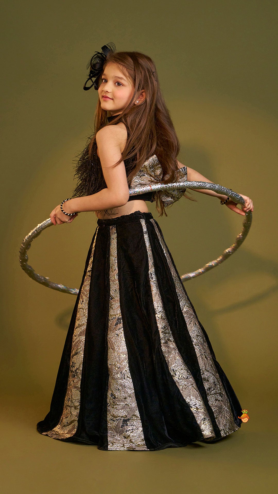 Pre Order: Halter Neck Fur Top And Gorgeous Dual-Tone Panelled Lehenga