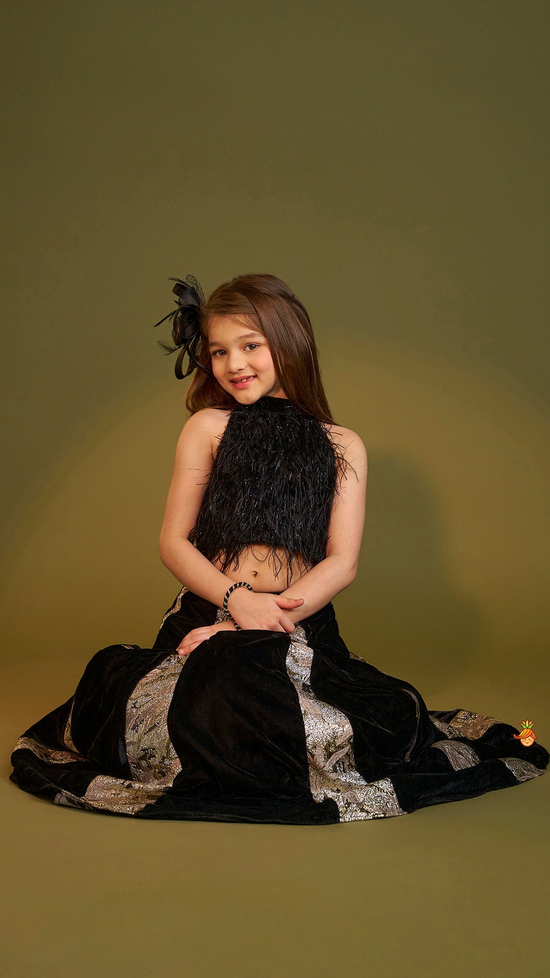 Pre Order: Halter Neck Fur Top And Gorgeous Dual-Tone Panelled Lehenga