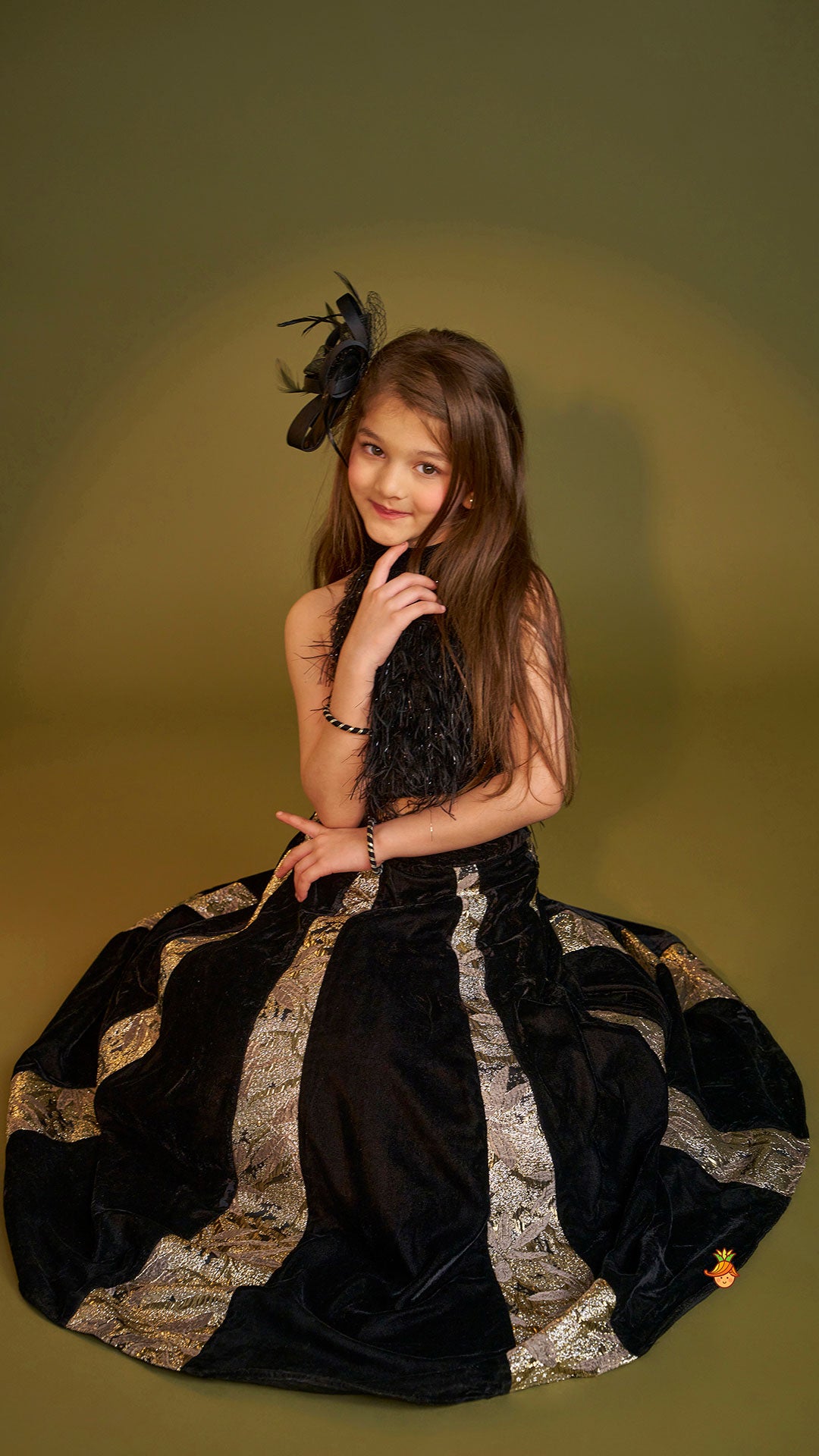 Pre Order: Halter Neck Fur Top And Gorgeous Dual-Tone Panelled Lehenga