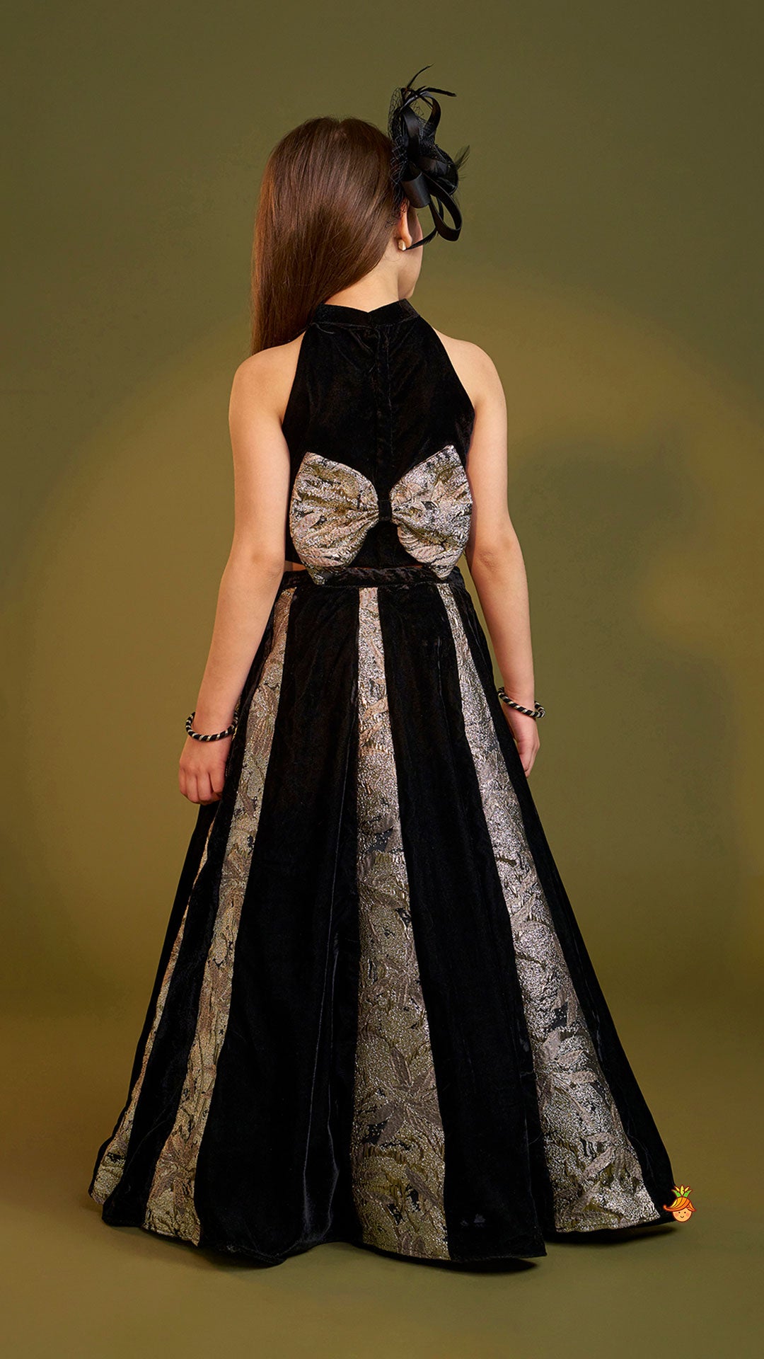 Pre Order: Halter Neck Fur Top And Gorgeous Dual-Tone Panelled Lehenga