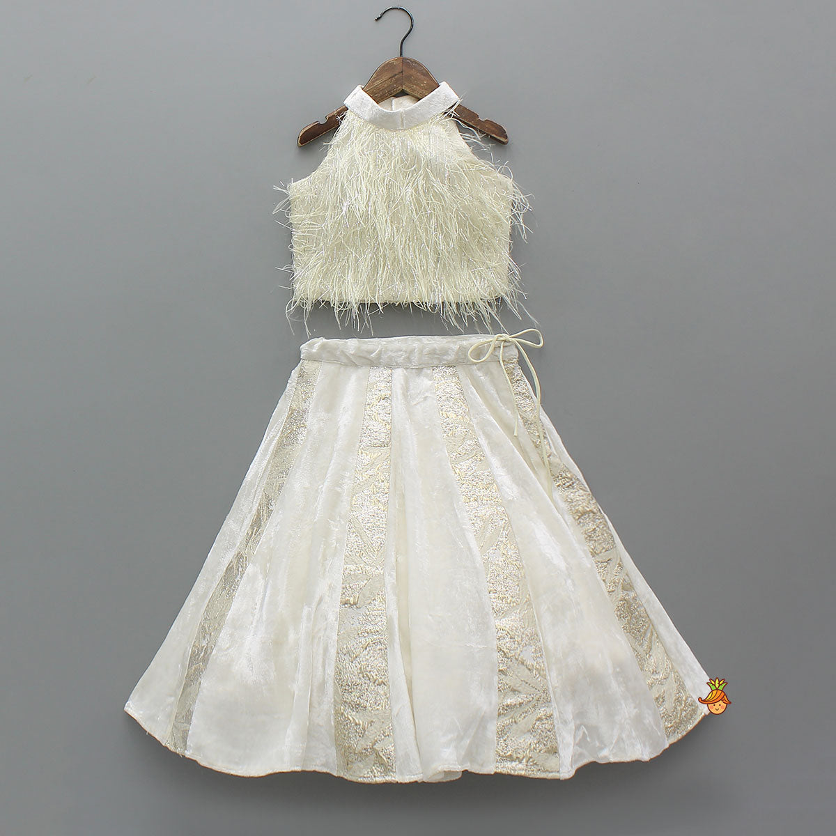 Pre Order: Halter Neck Fur Top And Gorgeous Panelled Lehenga