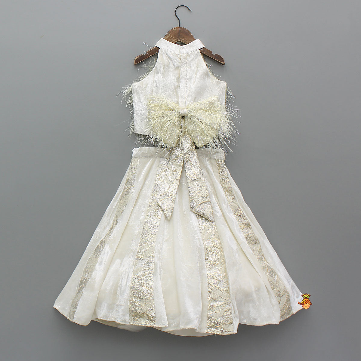 Pre Order: Halter Neck Fur Top And Gorgeous Panelled Lehenga