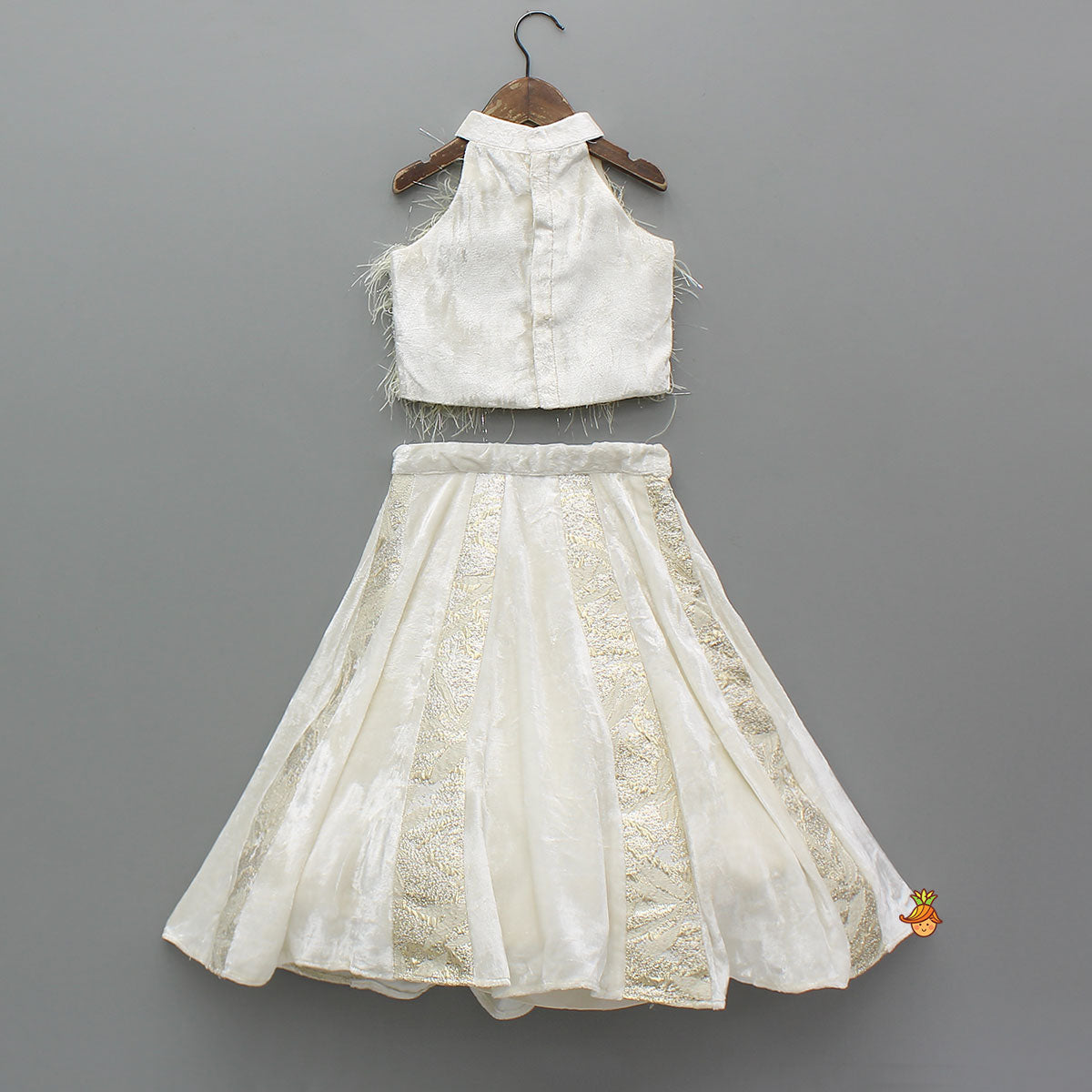 Pre Order: Halter Neck Fur Top And Gorgeous Panelled Lehenga