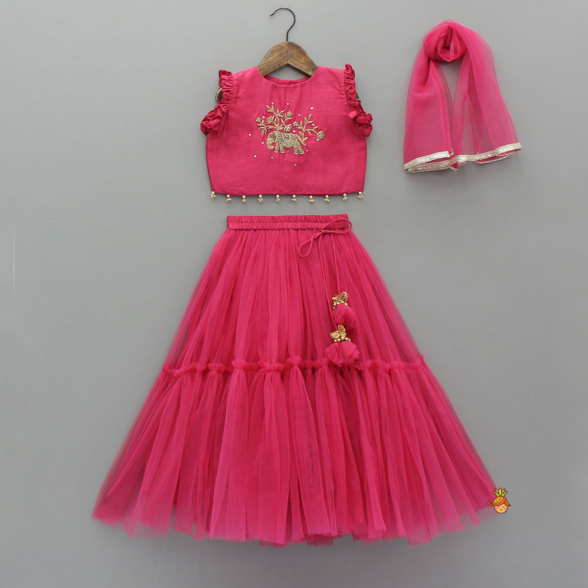 Pre Order: Animal Motif Embroidered Top And Net Lehenga With Matching Dupatta