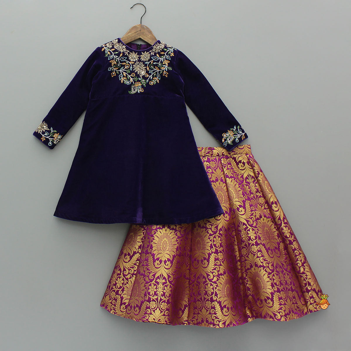Pre Order: Velvet Kurti With Brocade Lehenga