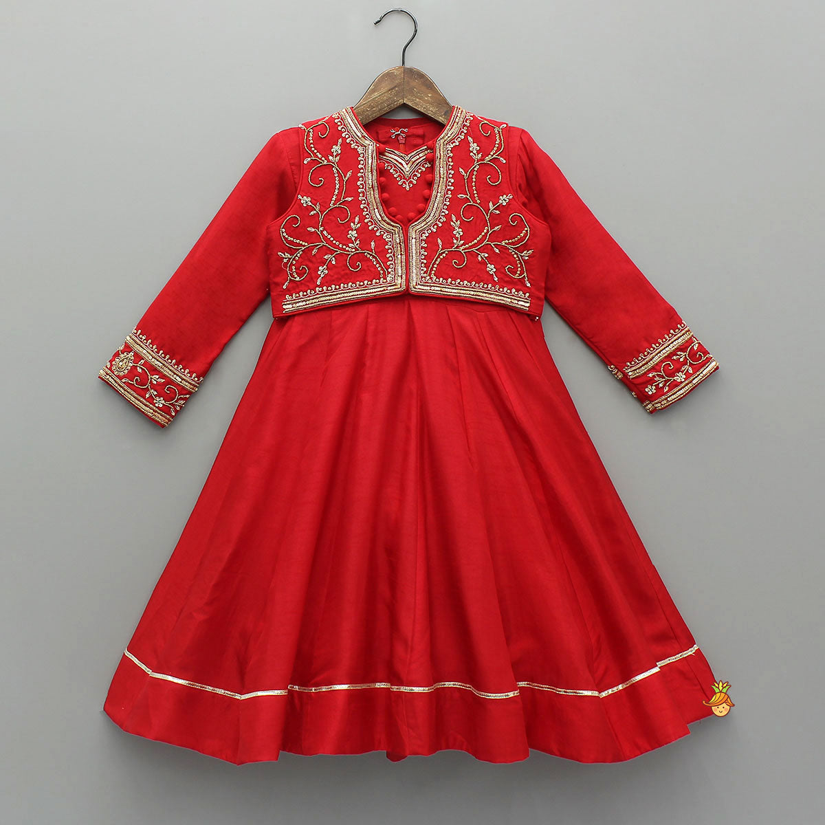 Embroidered Neckline Kurti With Potli Button Detail Jacket