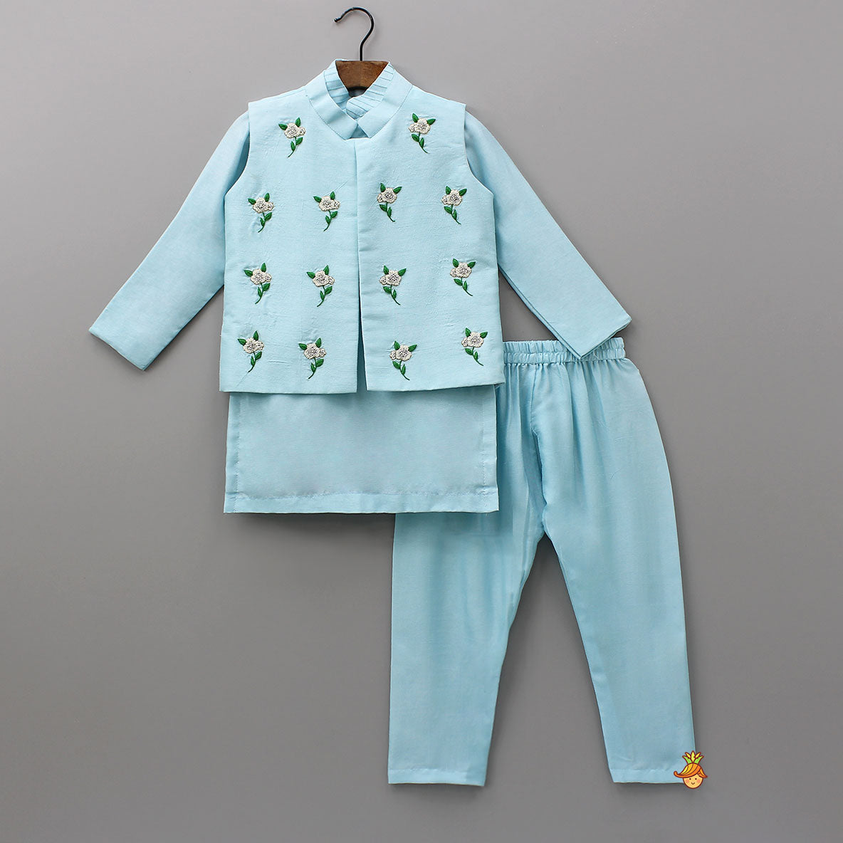 Pin Tuck Kurta With Floral Embroidered Jacket And Pyjama
