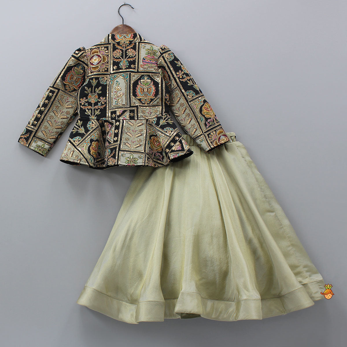 Pre Order: Ethnic Floral Printed And Embroidered Peplum Top With Lehenga