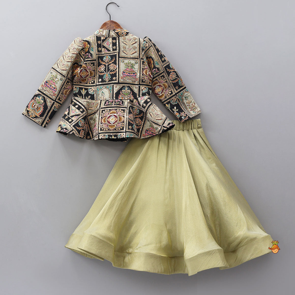 Pre Order: Ethnic Floral Printed And Embroidered Peplum Top With Lehenga