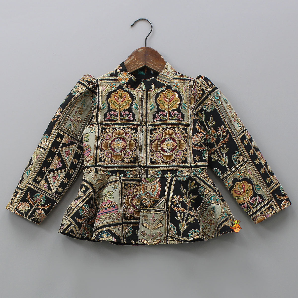 Pre Order: Ethnic Floral Printed And Embroidered Peplum Top With Lehenga