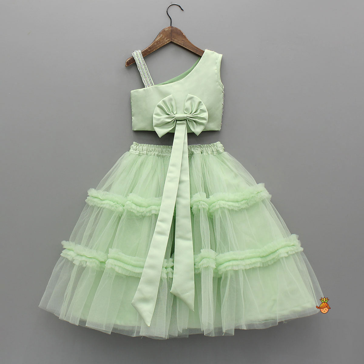 Pre Order: Shiny Lace Work One Shoulder Top And Ruffle Lehenga