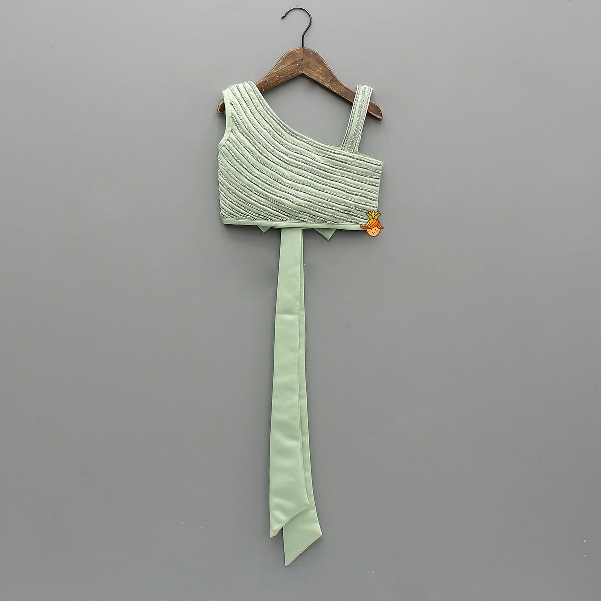 Pre Order: Shiny Lace Work One Shoulder Top And Ruffle Lehenga