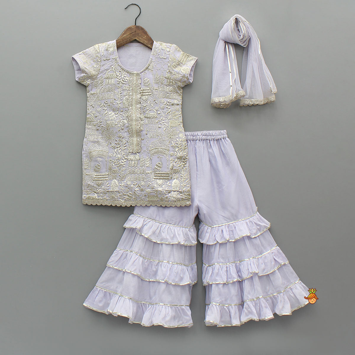 Pre Order: Heavy Embroidered Kurti With Beautiful Layered Sharara And Net Dupatta