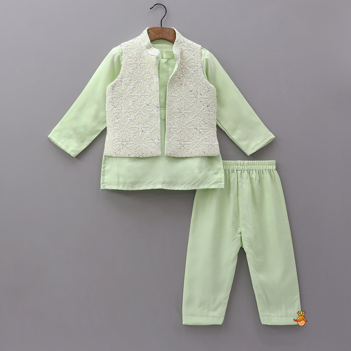 Pre Order: Ethnic Kurta With Sequins Embroidered Jacket And Pyjama