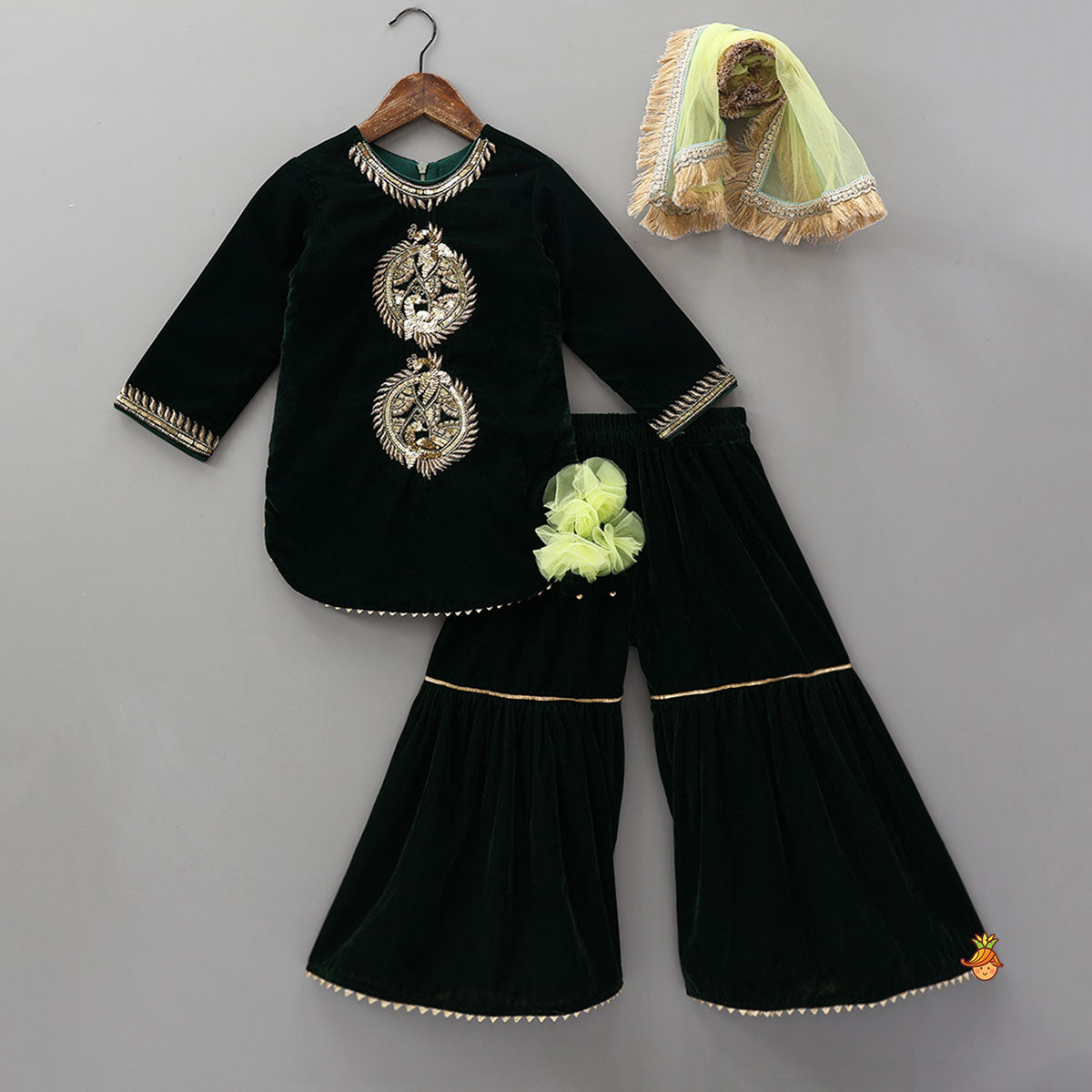 Pre Order: Embroidered Velvet Kurti And Sharara With Contrasting Dupatta