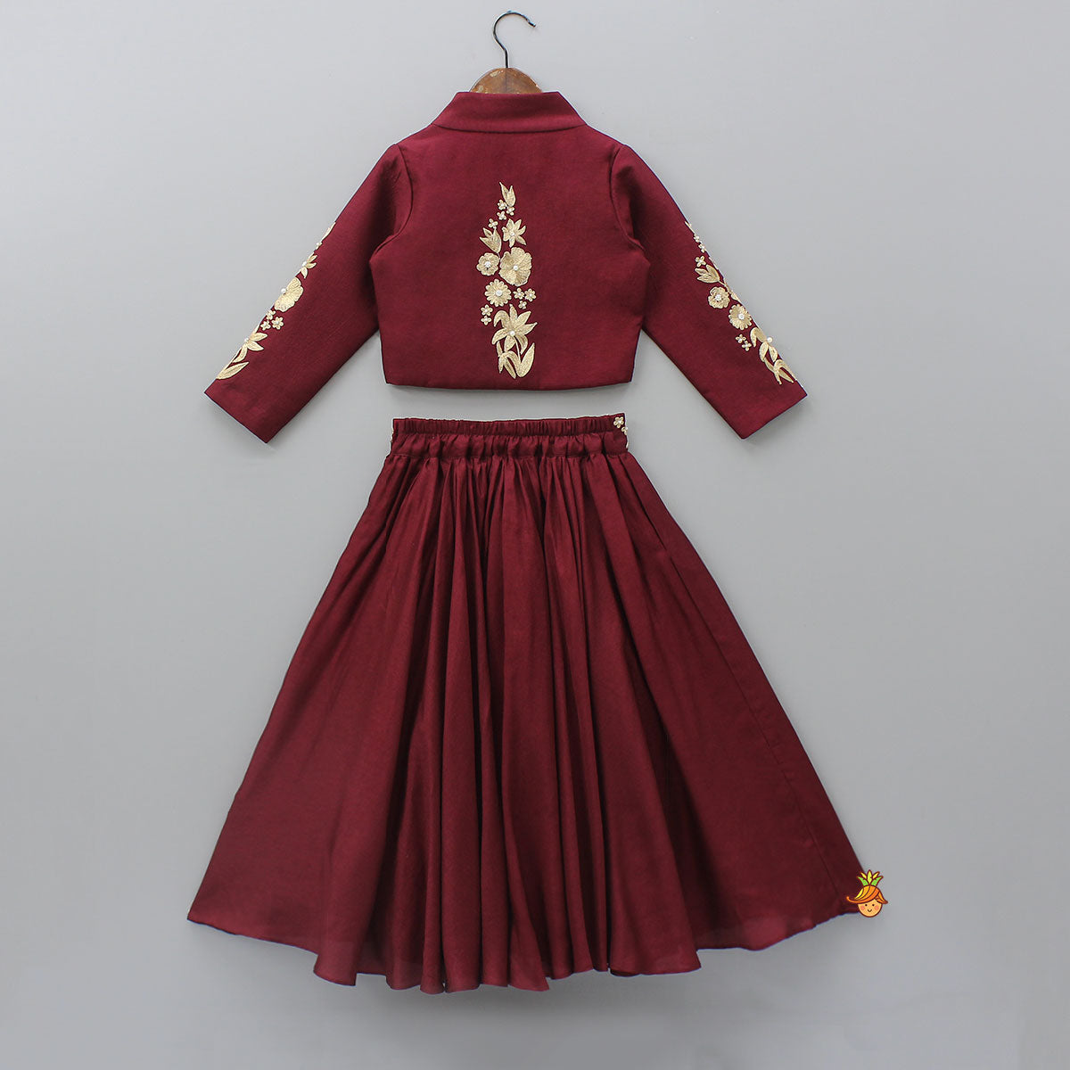 Pre Order: Zari Floral Embroidered Jacket-Style Top And Lehenga