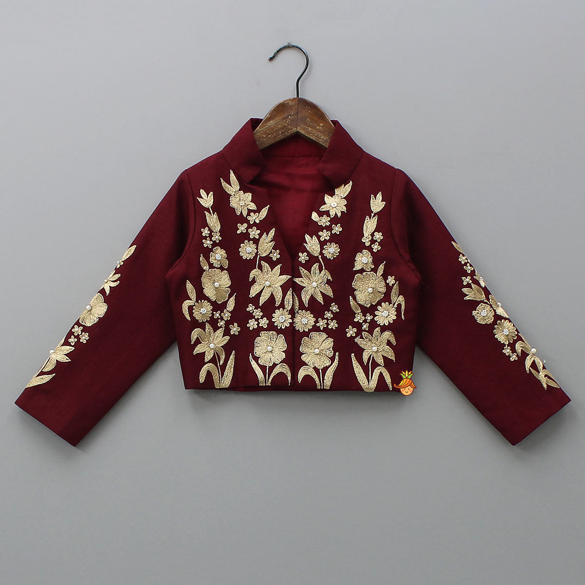 Pre Order: Zari Floral Embroidered Jacket-Style Top And Lehenga