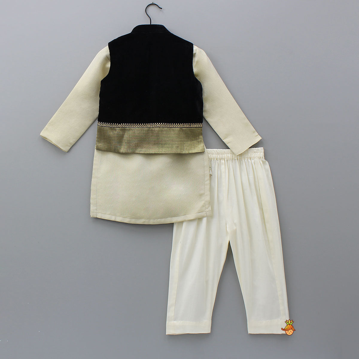 Pre Order: Shimmery Stylish Cut Hem Kurta With Velvet Jacket And Pyjama