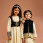 Shimmery Stylish Cut Hem Kurta With Velvet Jacket And Pyjama twinning model image 4