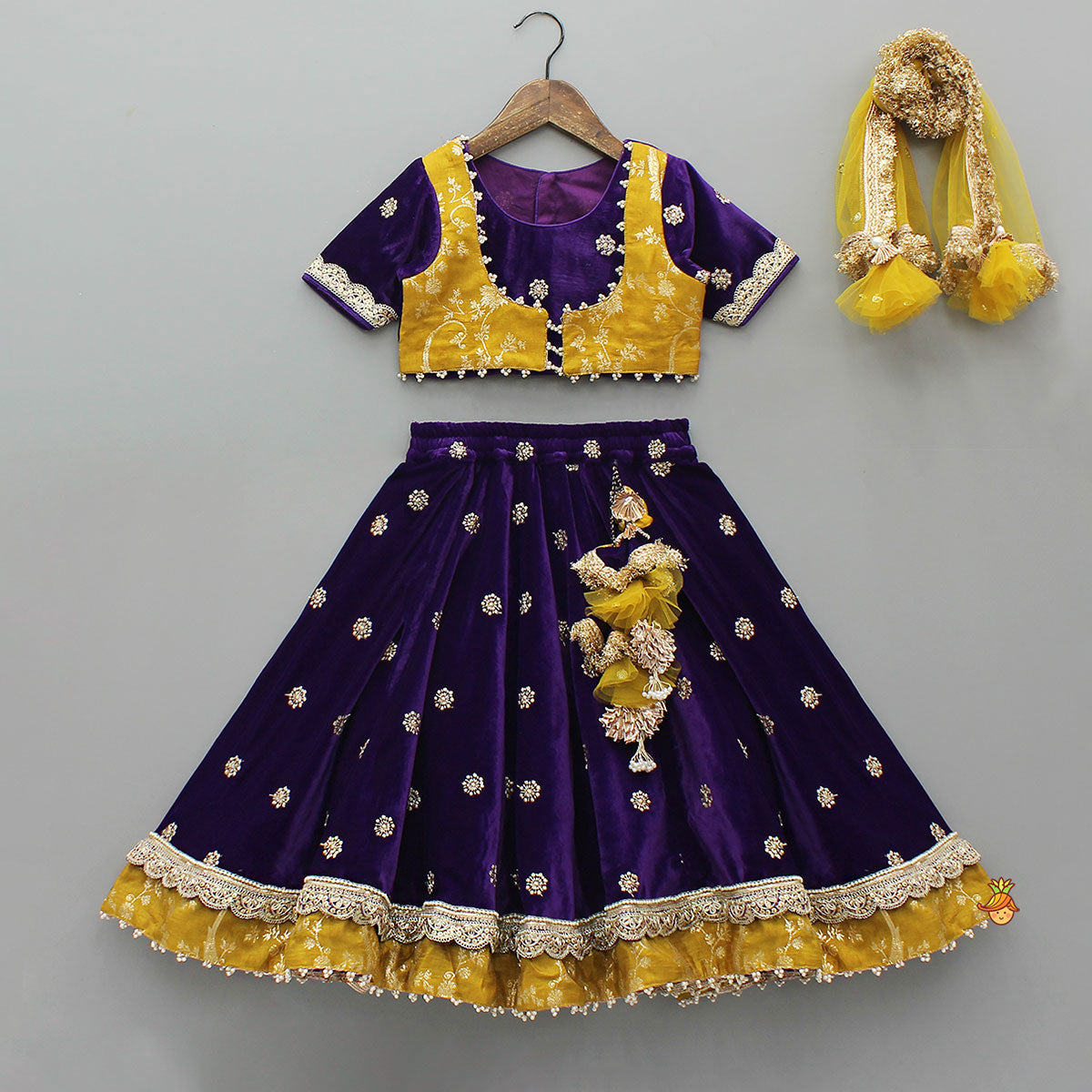 Pre Order: Stunning Velvet Jacket-Style Top With Embroidered Lehenga And Dupatta